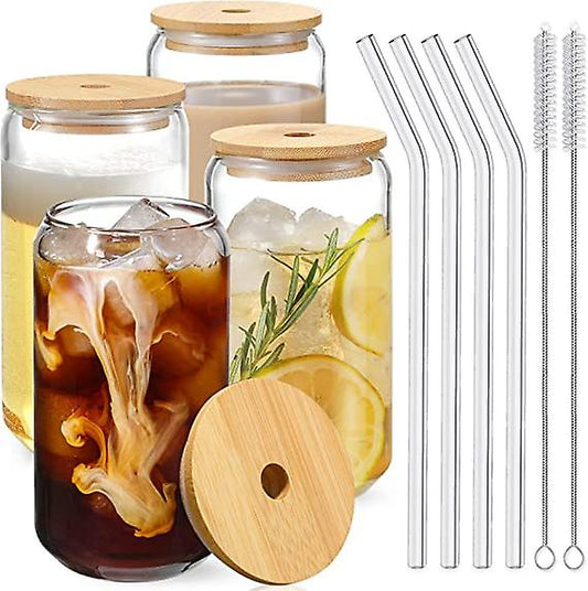 Drinking Glasses & Straws with Bamboo Lids - Set of 4