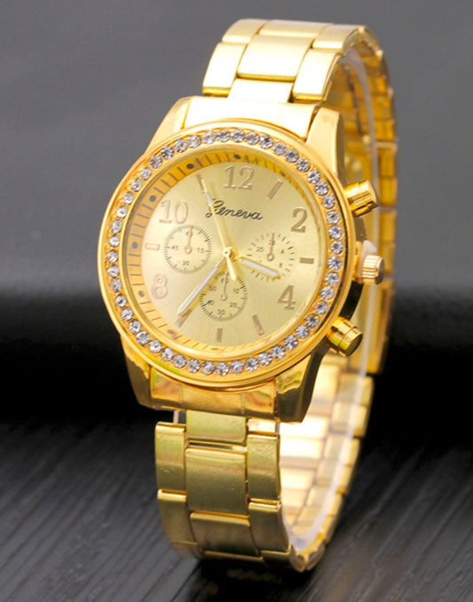 Women's Stainless Steel Strap Watch With Three Small Dials And Rhinestone Inlay